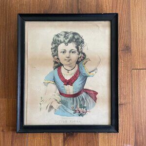 Currier & Ives Lithograph Little Flora Victorian Girl Portrait Art Print Framed